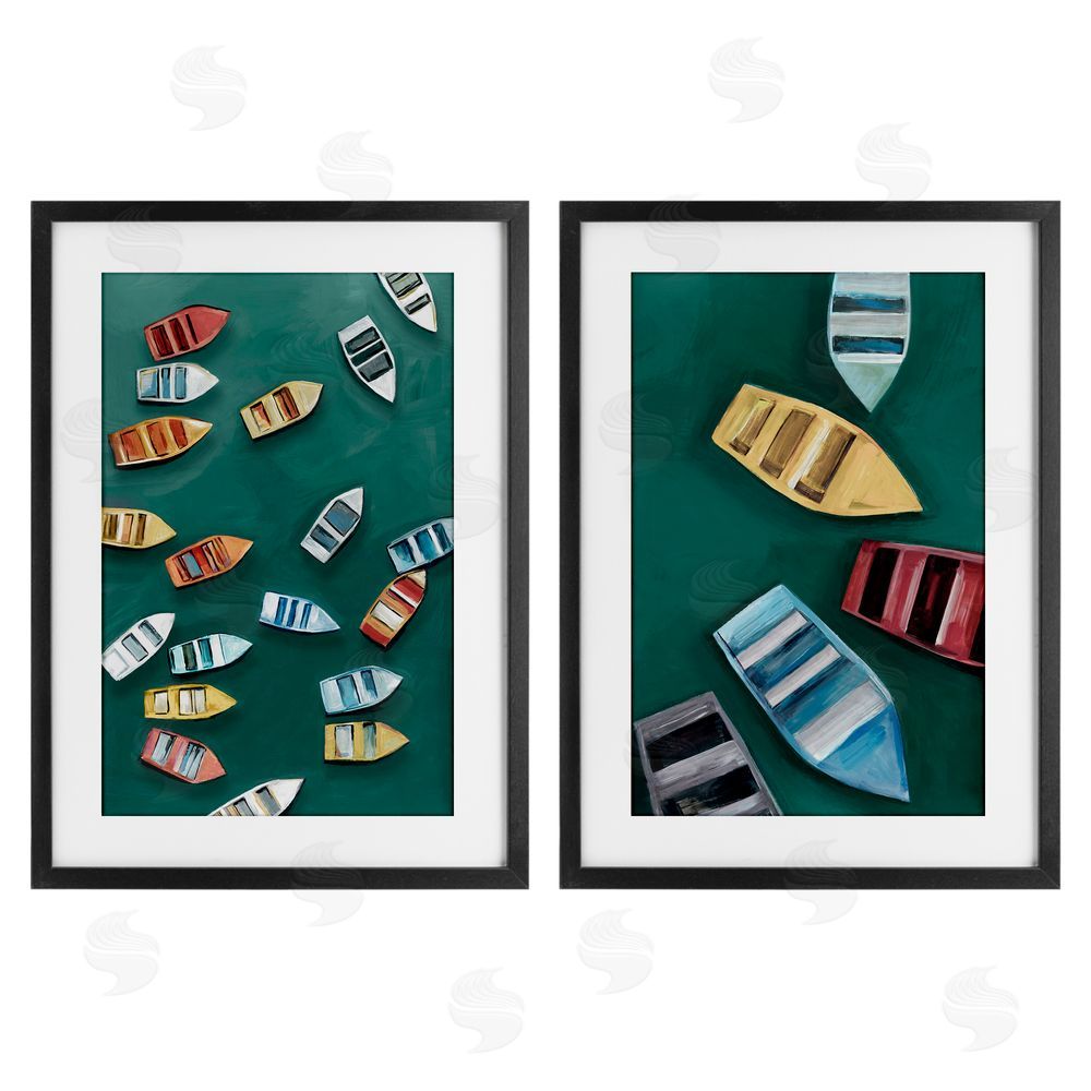 Hannah Dawson Drifting Colorful Rowboats Black Framed Print Under Glass Set