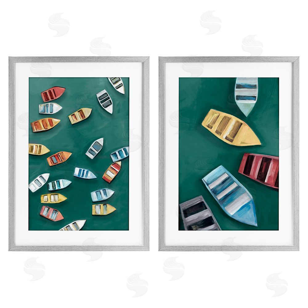 Hannah Dawson Drifting Colorful Rowboats Gray Framed Print Under Glass Set