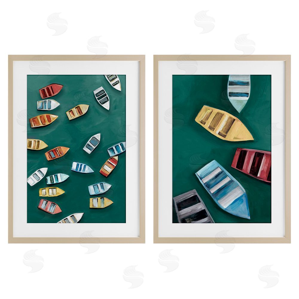 Hannah Dawson Drifting Colorful Rowboats Birch Framed Print Under Glass Set