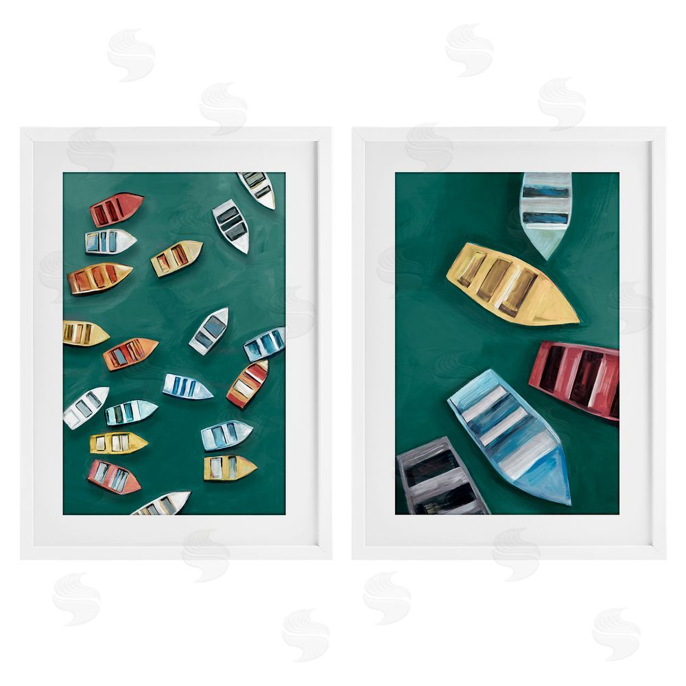 Hannah Dawson Drifting Colorful Rowboats White Framed Print Under Glass Set