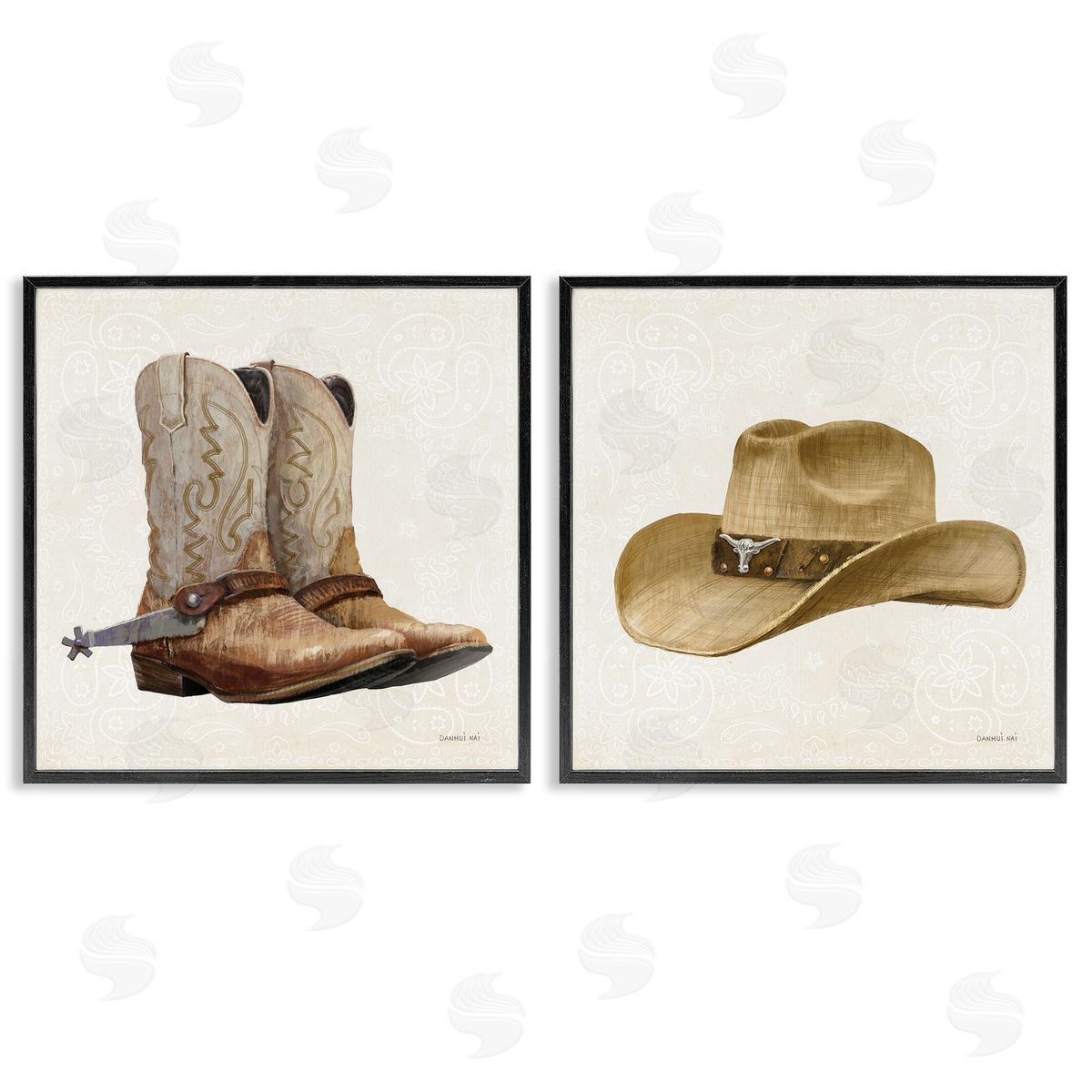 Danhui Nai Range Riders Hat & Boots Black Framed Giclee Art Set