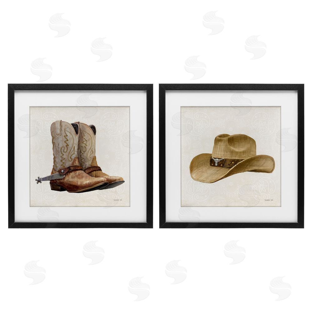 Danhui Nai Range Riders Hat & Boots Black Framed Print Under Glass Set