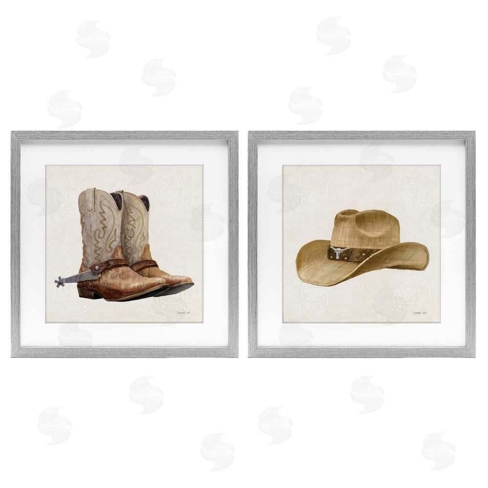 Danhui Nai Range Riders Hat & Boots Gray Framed Print Under Glass Set