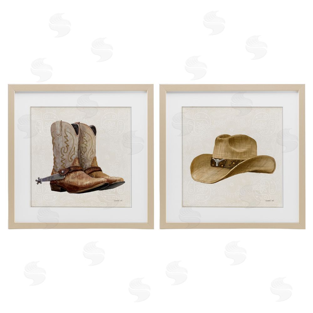 Danhui Nai Range Riders Hat & Boots Birch Framed Print Under Glass Set
