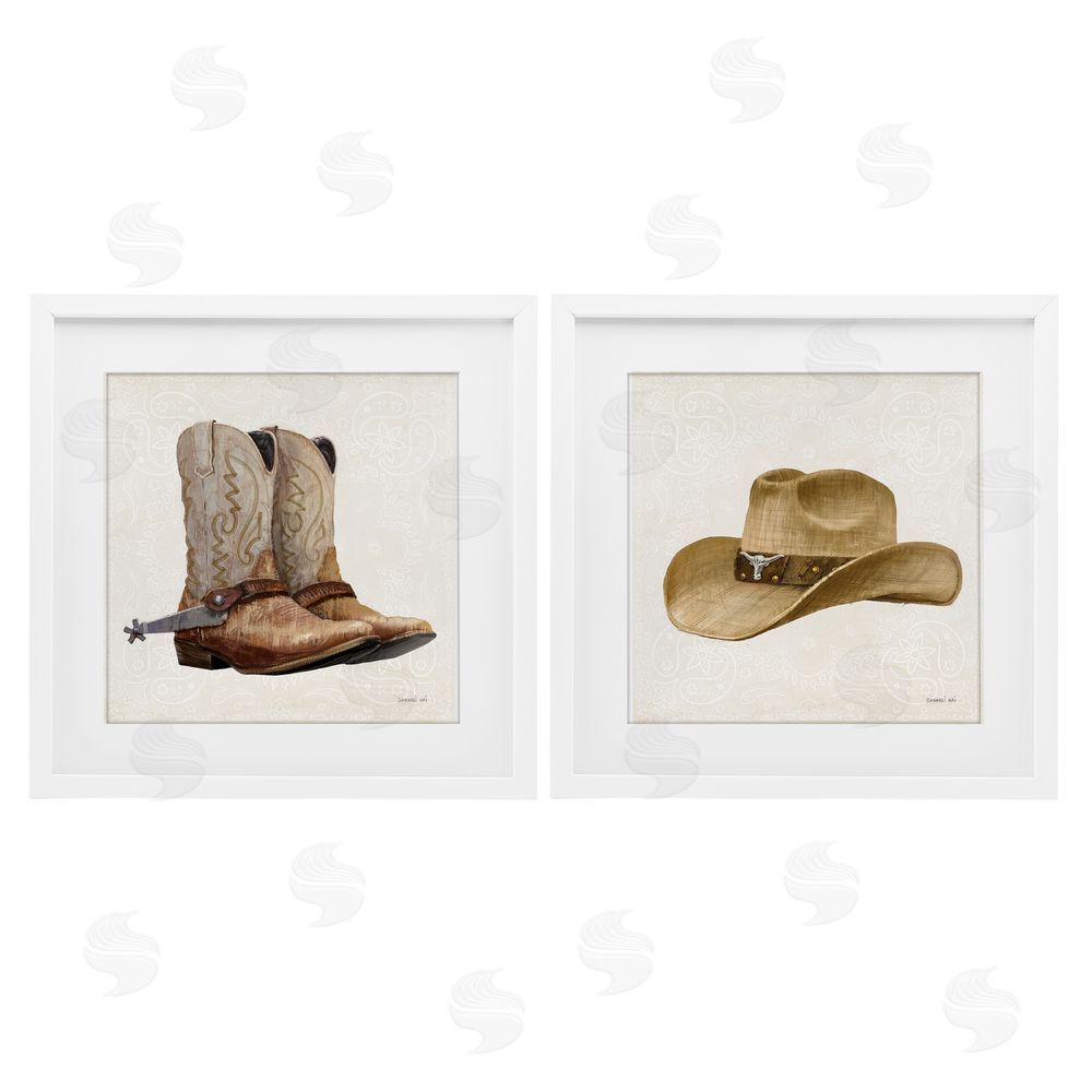 Danhui Nai Range Riders Hat & Boots White Framed Print Under Glass Set