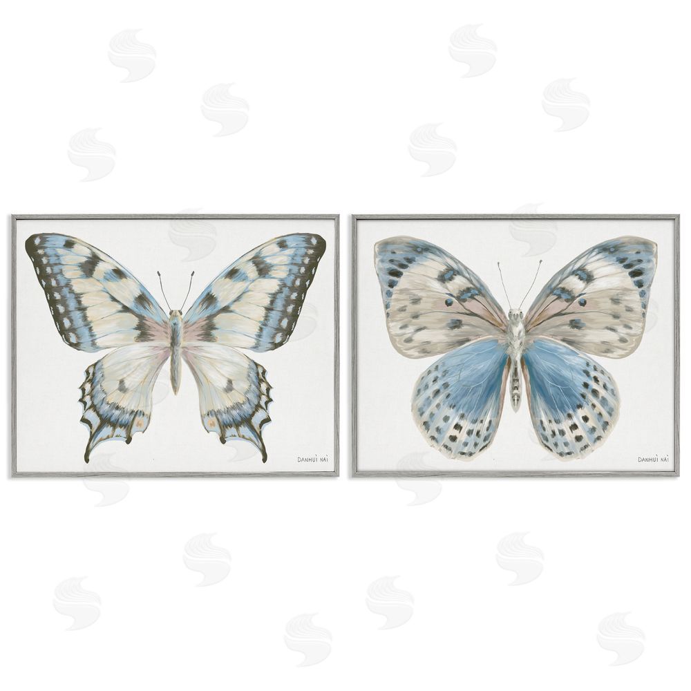 Danhui Nai Blue Accented Butterflies Gray Framed Giclee Art Set