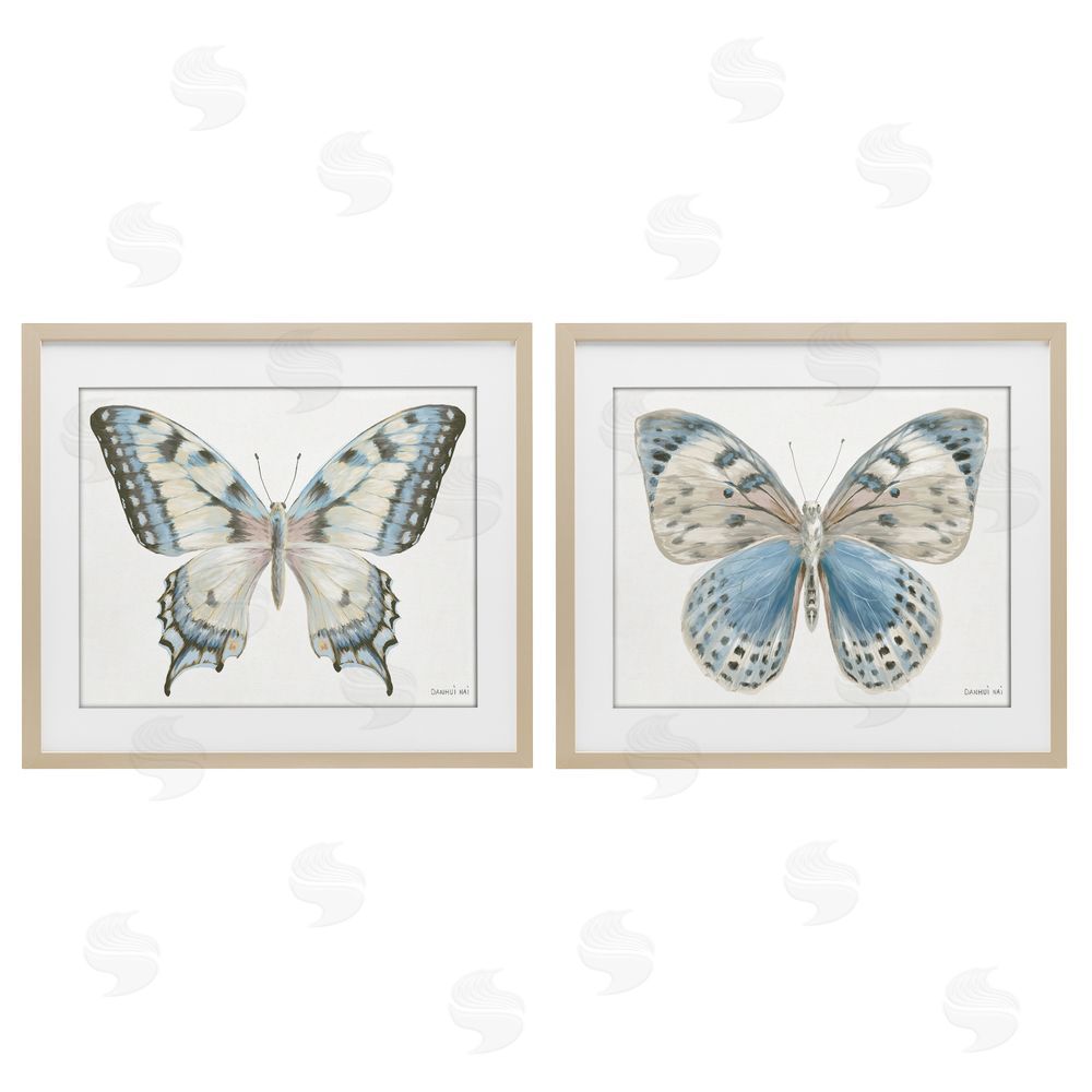 Danhui Nai Blue Accented Butterflies Birch Framed Print Under Glass Set
