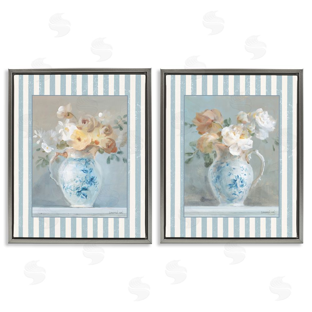 Danhui Nai Heirloom Bouquet on Stripes Gray Floating Frame Canvas Art Set
