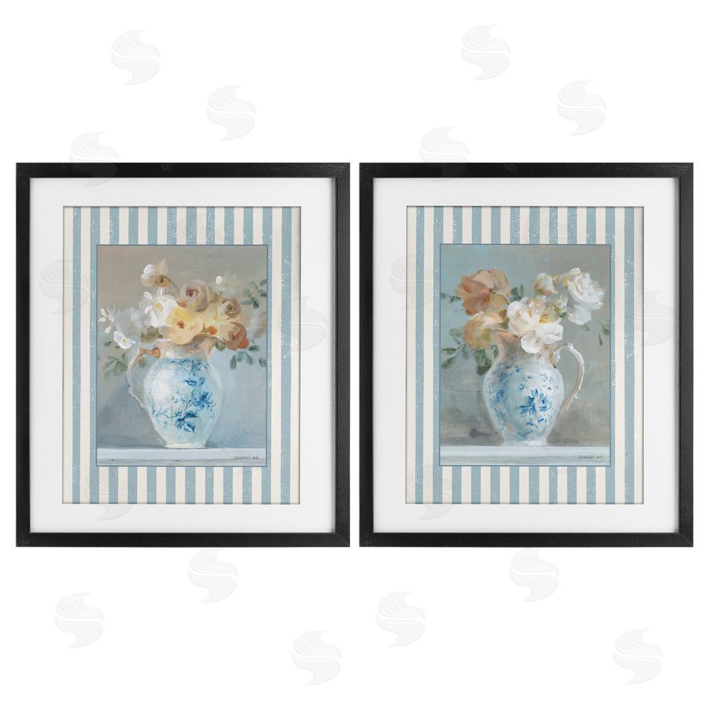 Danhui Nai Heirloom Bouquet on Stripes Black Framed Print Under Glass Set