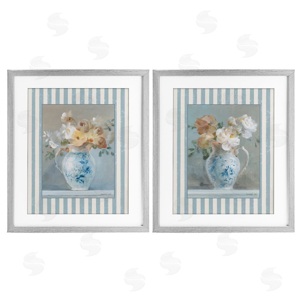 Danhui Nai Heirloom Bouquet on Stripes Gray Framed Print Under Glass Set