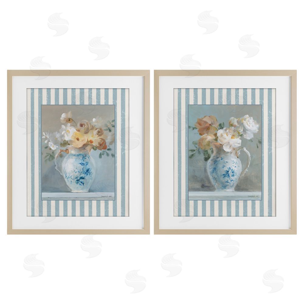 Danhui Nai Heirloom Bouquet on Stripes Birch Framed Print Under Glass Set