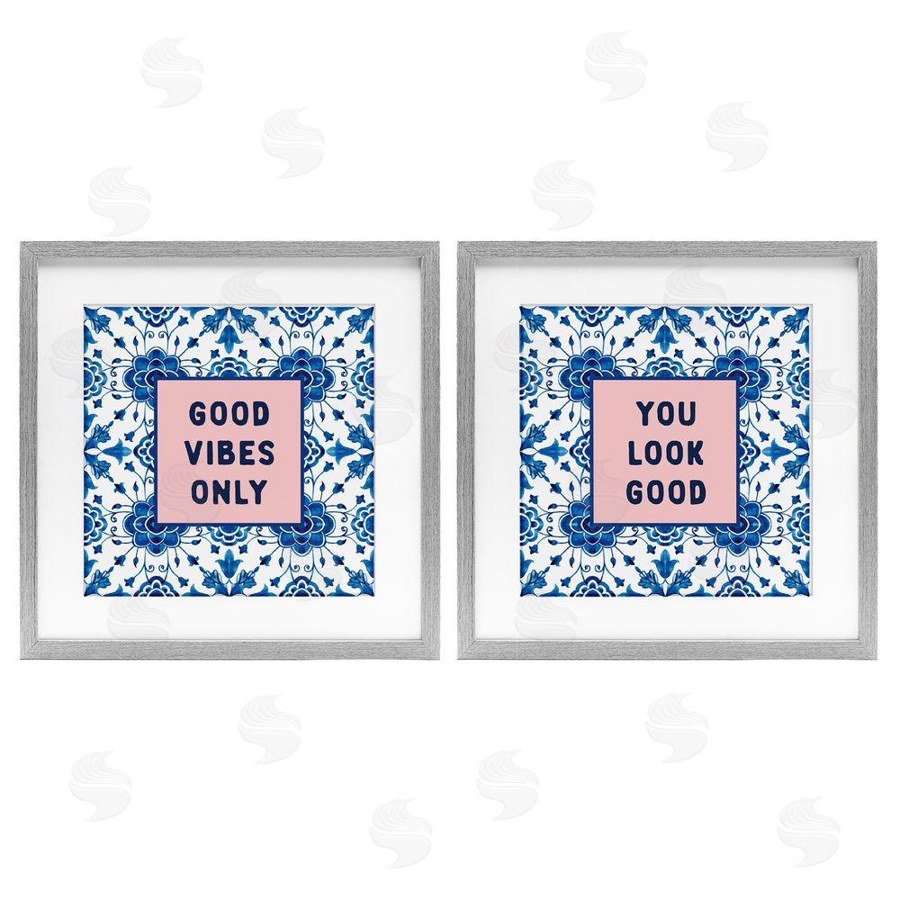 Lettered and Lined Inspiring Messages On Boho Pattern Gray Framed Print Under Glass Set