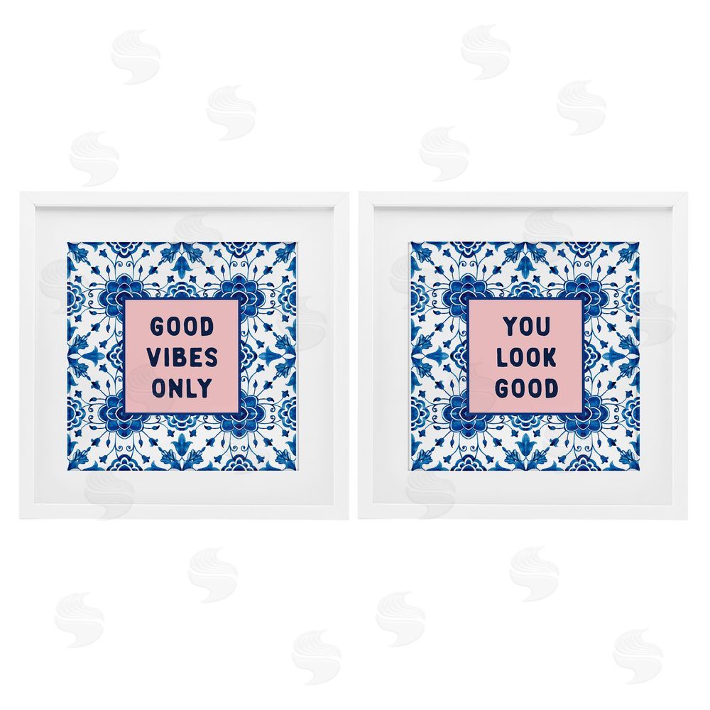 Lettered and Lined Inspiring Messages On Boho Pattern White Framed Print Under Glass Set