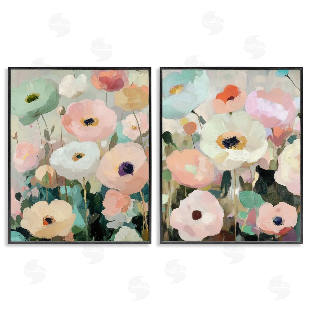 Annabelle Hall Minty Garden Flowers Black Framed Giclee Art Set