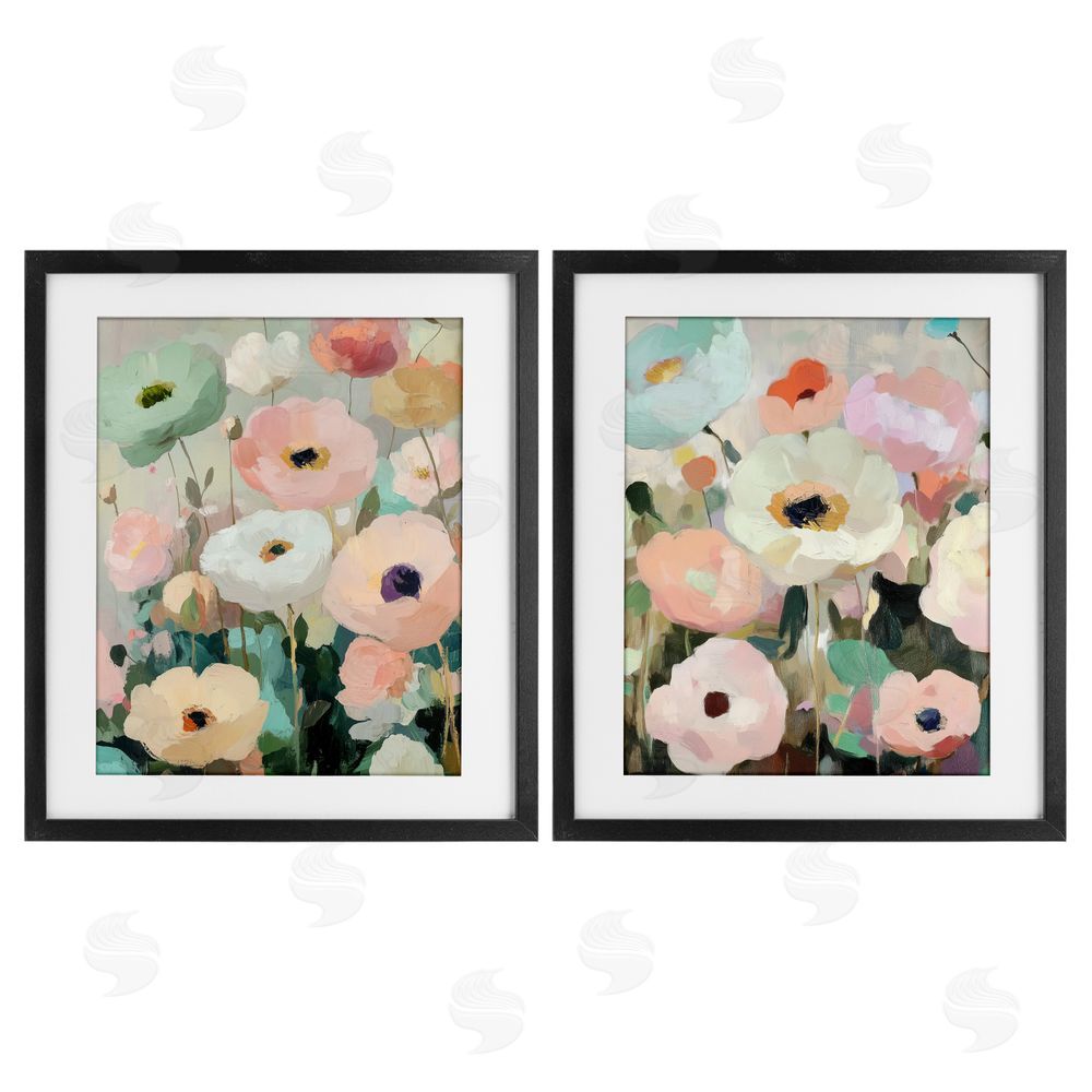 Annabelle Hall Minty Garden Flowers Black Framed Print Under Glass Set
