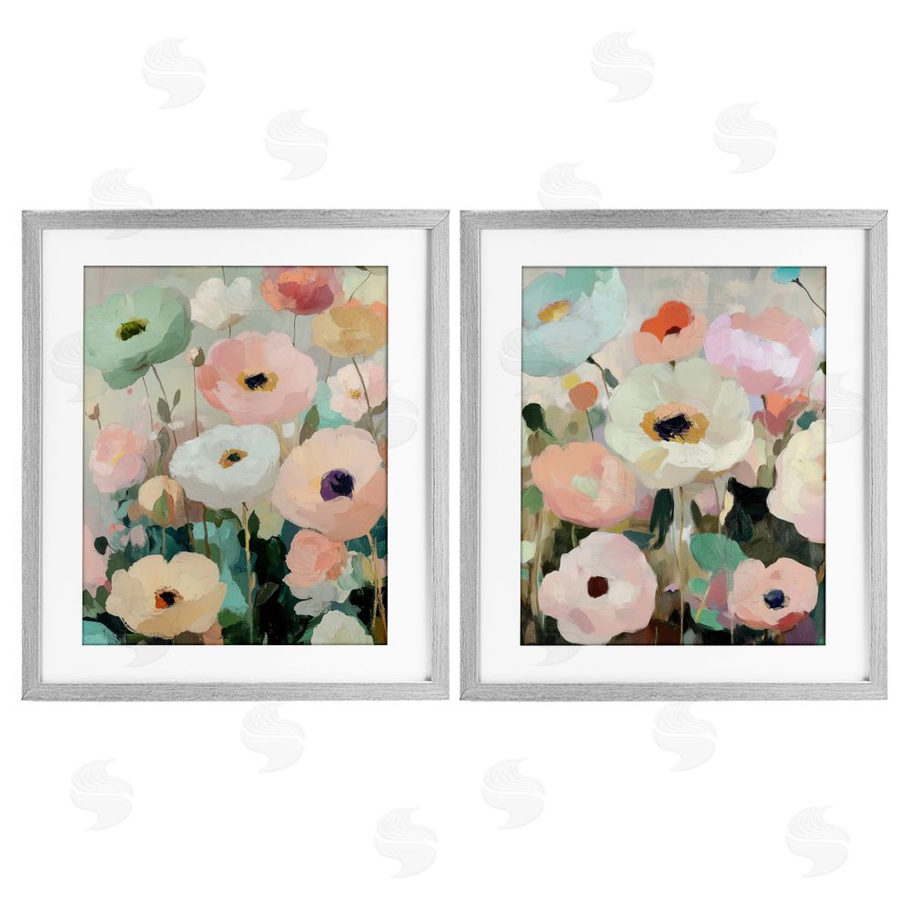 Annabelle Hall Minty Garden Flowers Gray Framed Print Under Glass Set