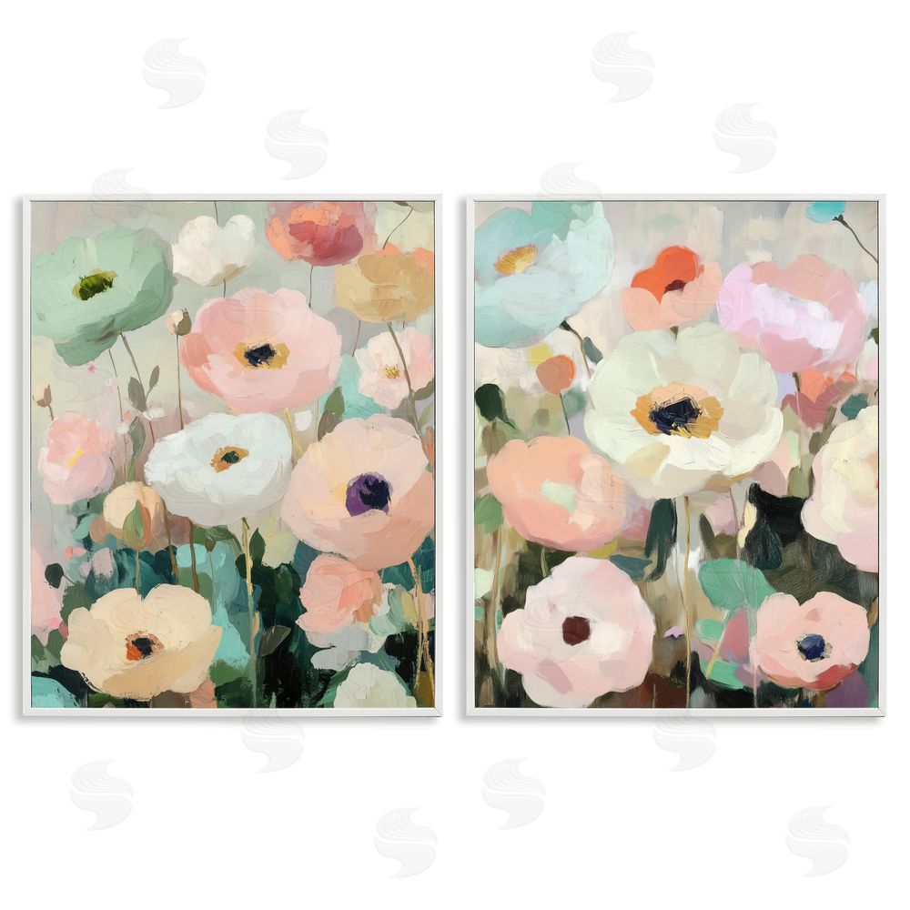 Annabelle Hall Minty Garden Flowers White Frame Giclee Art Set