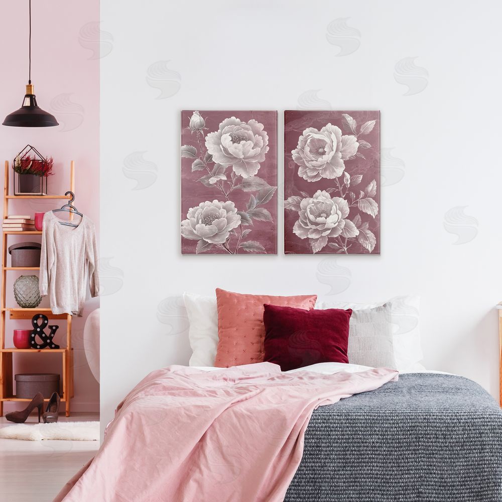 Annabelle Hall Burgundy Chambermaid Blossoms Printed Wall Art Set in Room