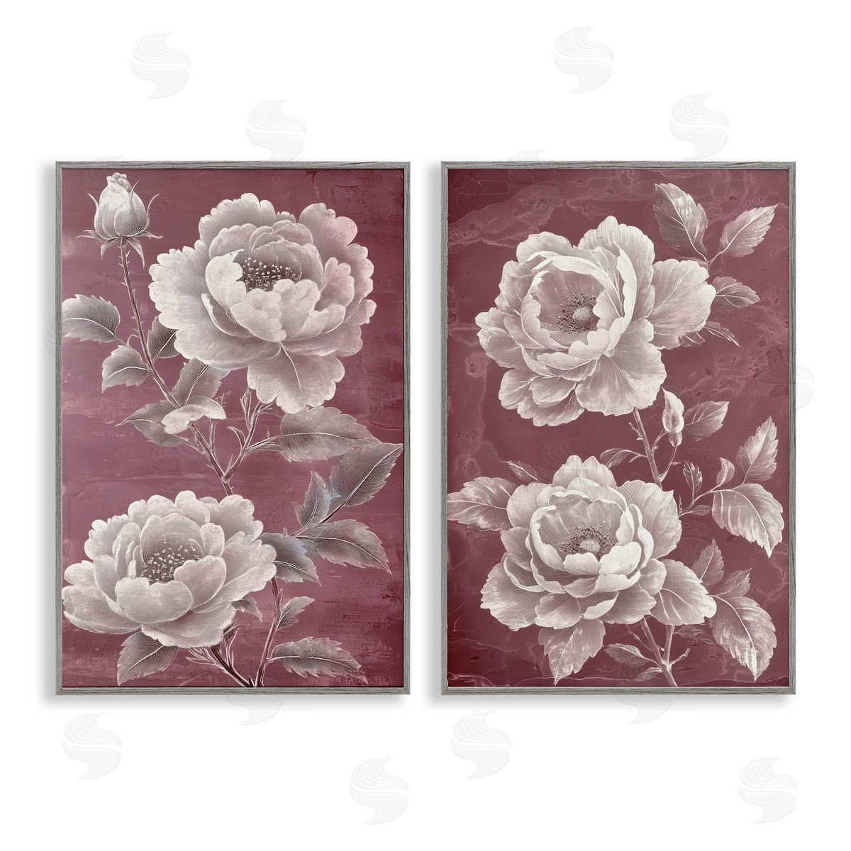 Annabelle Hall Burgundy Chambermaid Blossoms Gray Framed Giclee Art Set