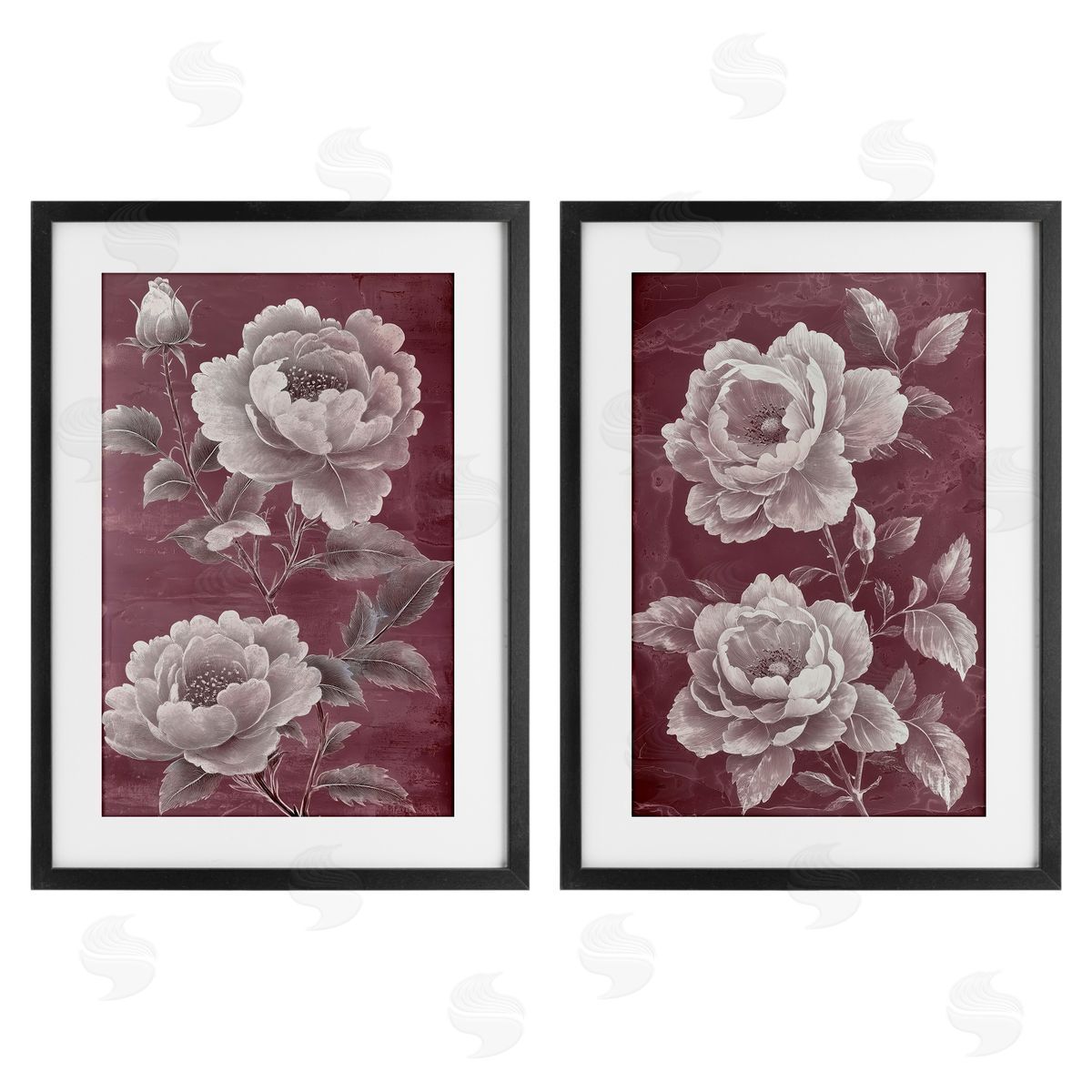 Annabelle Hall Burgundy Chambermaid Blossoms Black Framed Print Under Glass Set