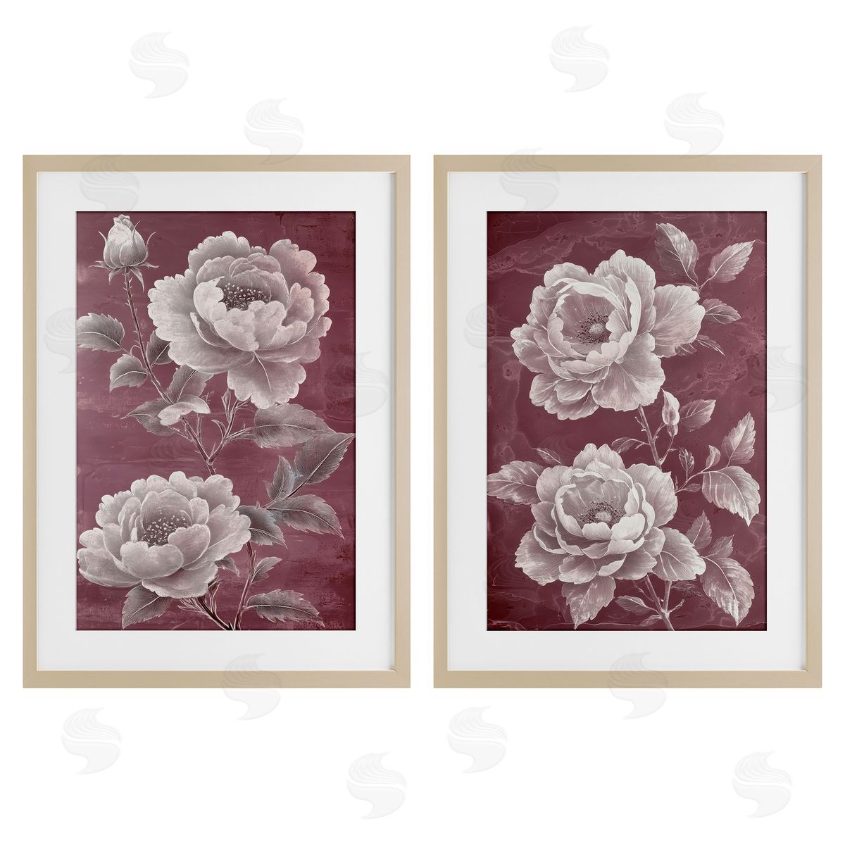 Annabelle Hall Burgundy Chambermaid Blossoms Birch Framed Print Under Glass Set
