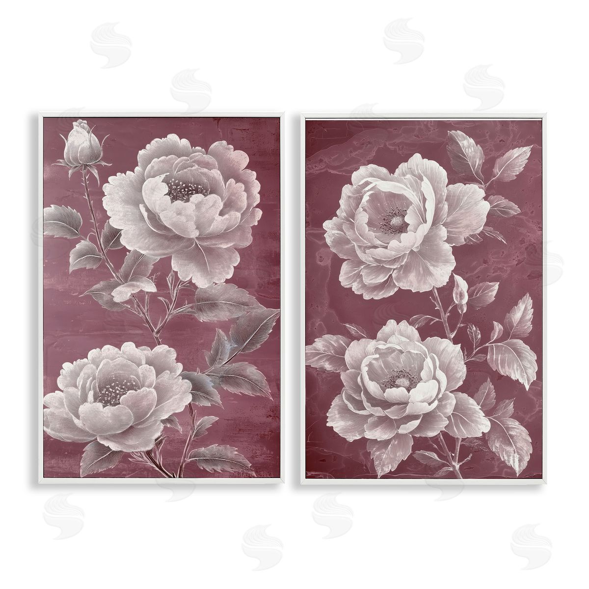 Annabelle Hall Burgundy Chambermaid Blossoms White Frame Giclee Art Set