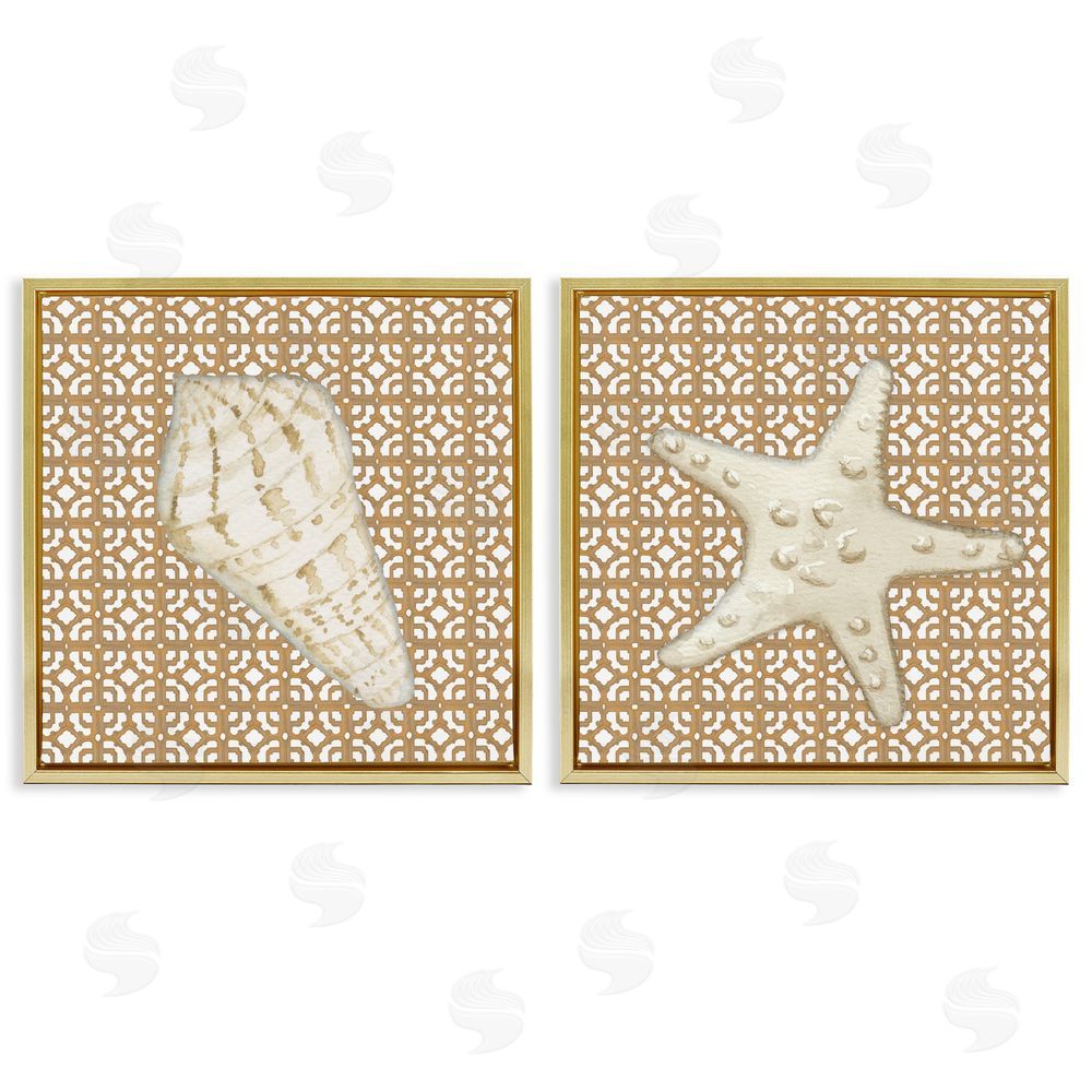 Lee Ann Sanders Coastal Tiles & Sea Life Gold Floating Frame Canvas Art Set