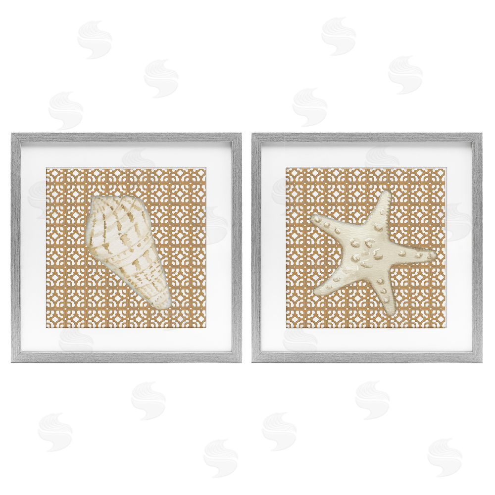Lee Ann Sanders Coastal Tiles & Sea Life Gray Framed Print Under Glass Set