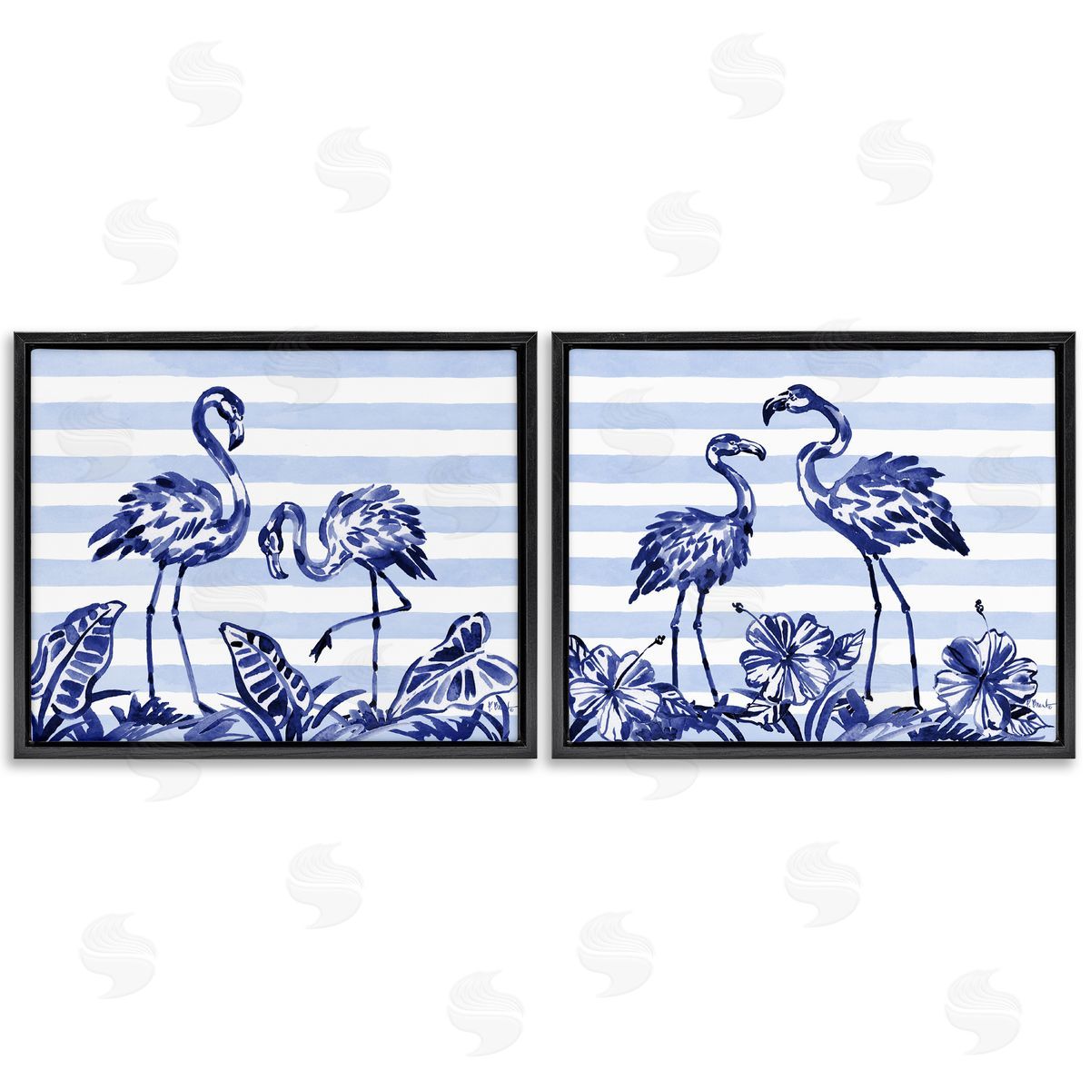 Paul Brent Brushstroke Flamingos & Stripes Black Floating Frame Canvas Wall Art Set