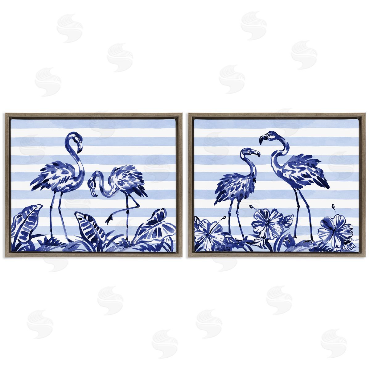 Paul Brent Brushstroke Flamingos & Stripes Brown Floating Frame Canvas Art Set