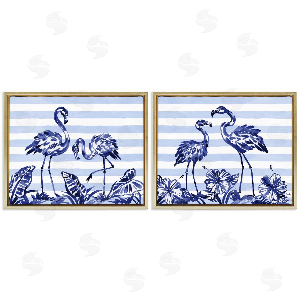 Paul Brent Brushstroke Flamingos & Stripes Gold Floating Frame Canvas Art Set
