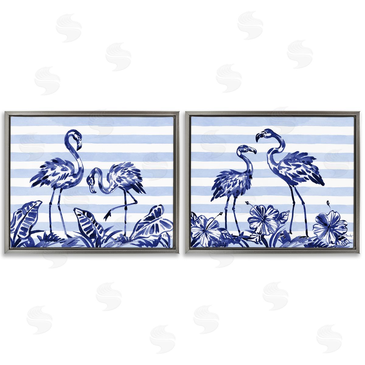 Paul Brent Brushstroke Flamingos & Stripes Gray Floating Frame Canvas Art Set