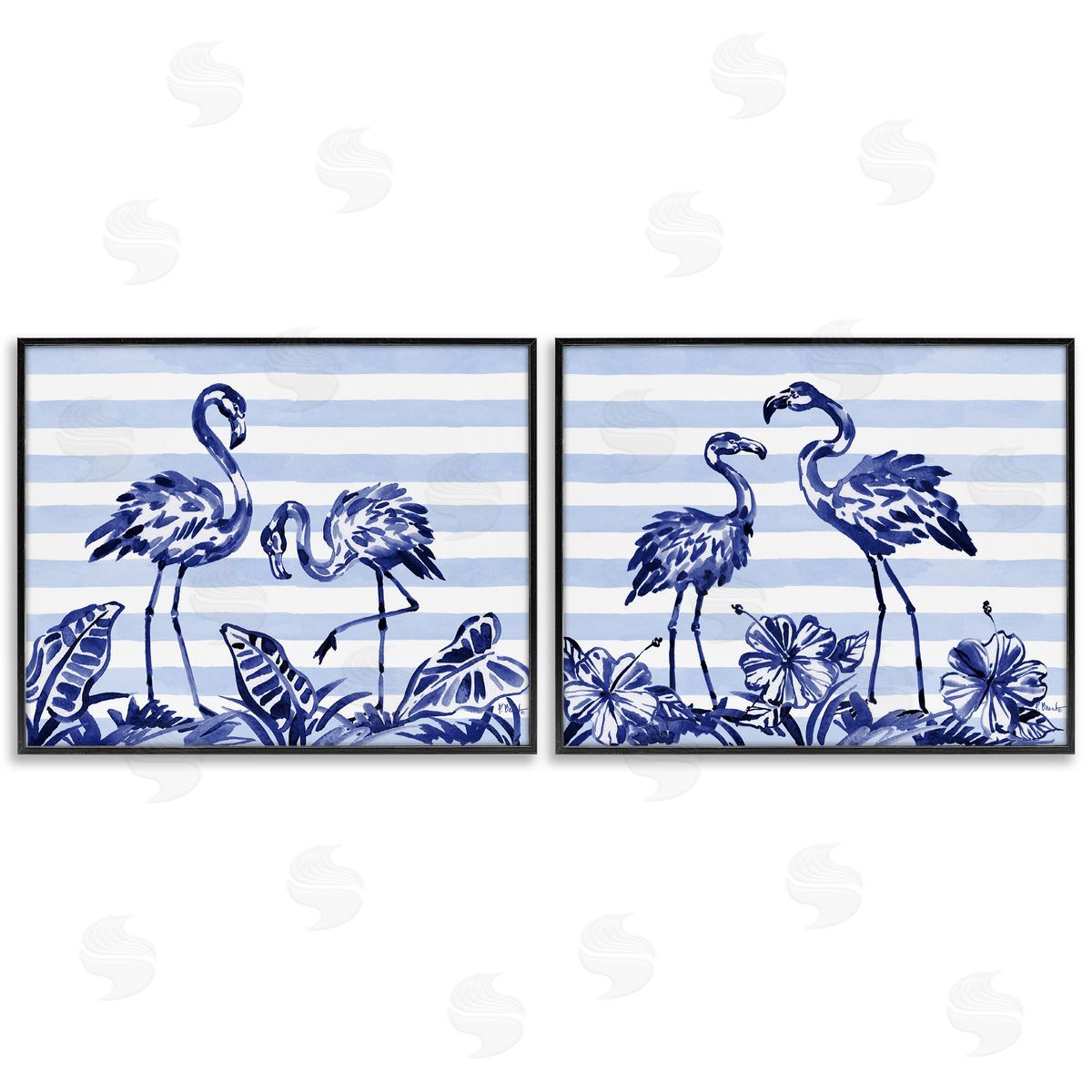 Paul Brent Brushstroke Flamingos & Stripes Black Framed Giclee Art Set