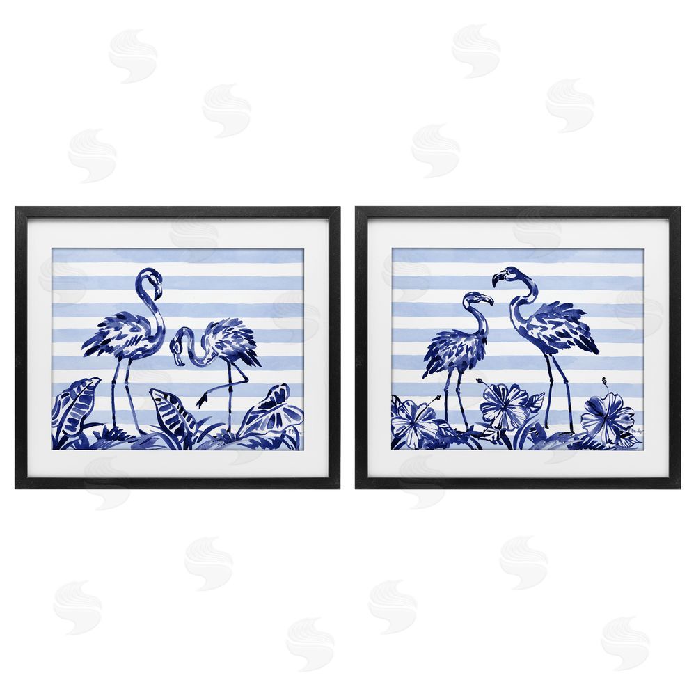 Paul Brent Brushstroke Flamingos & Stripes Black Framed Print Under Glass Set