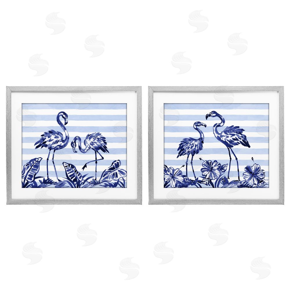 Paul Brent Brushstroke Flamingos & Stripes Gray Framed Print Under Glass Set