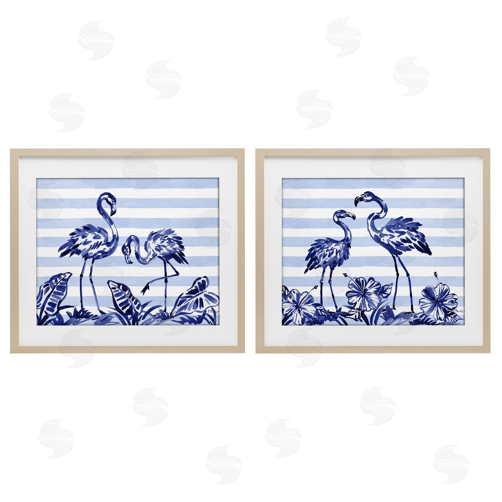 Paul Brent Brushstroke Flamingos & Stripes Birch Framed Print Under Glass Set