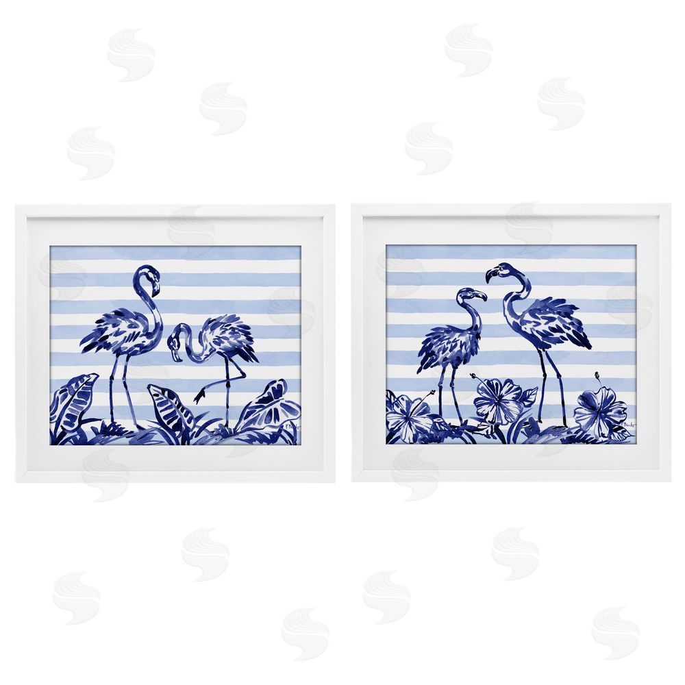 Paul Brent Brushstroke Flamingos & Stripes White Framed Print Under Glass Set