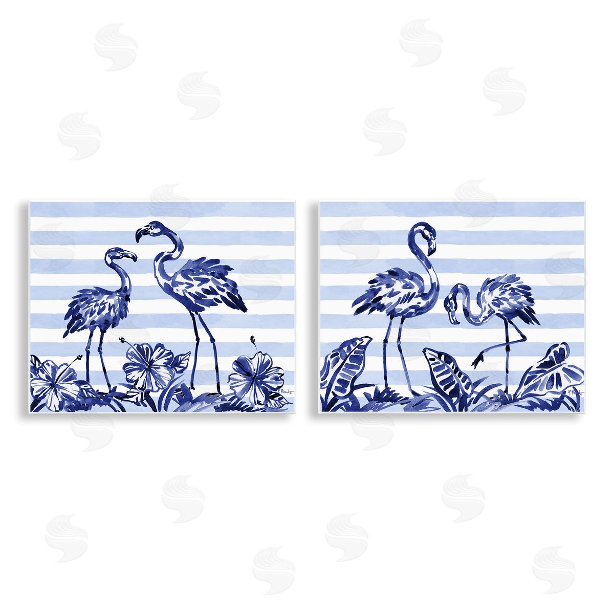 Paul Brent Brushstroke Flamingos & Stripes Wall Plaque Printed Art Set
