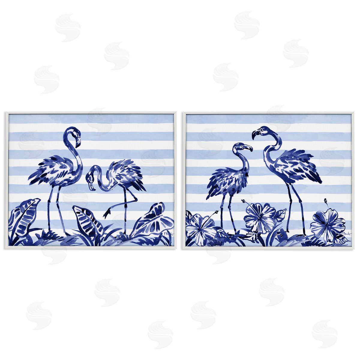 Paul Brent Brushstroke Flamingos & Stripes White Frame Giclee Art Set