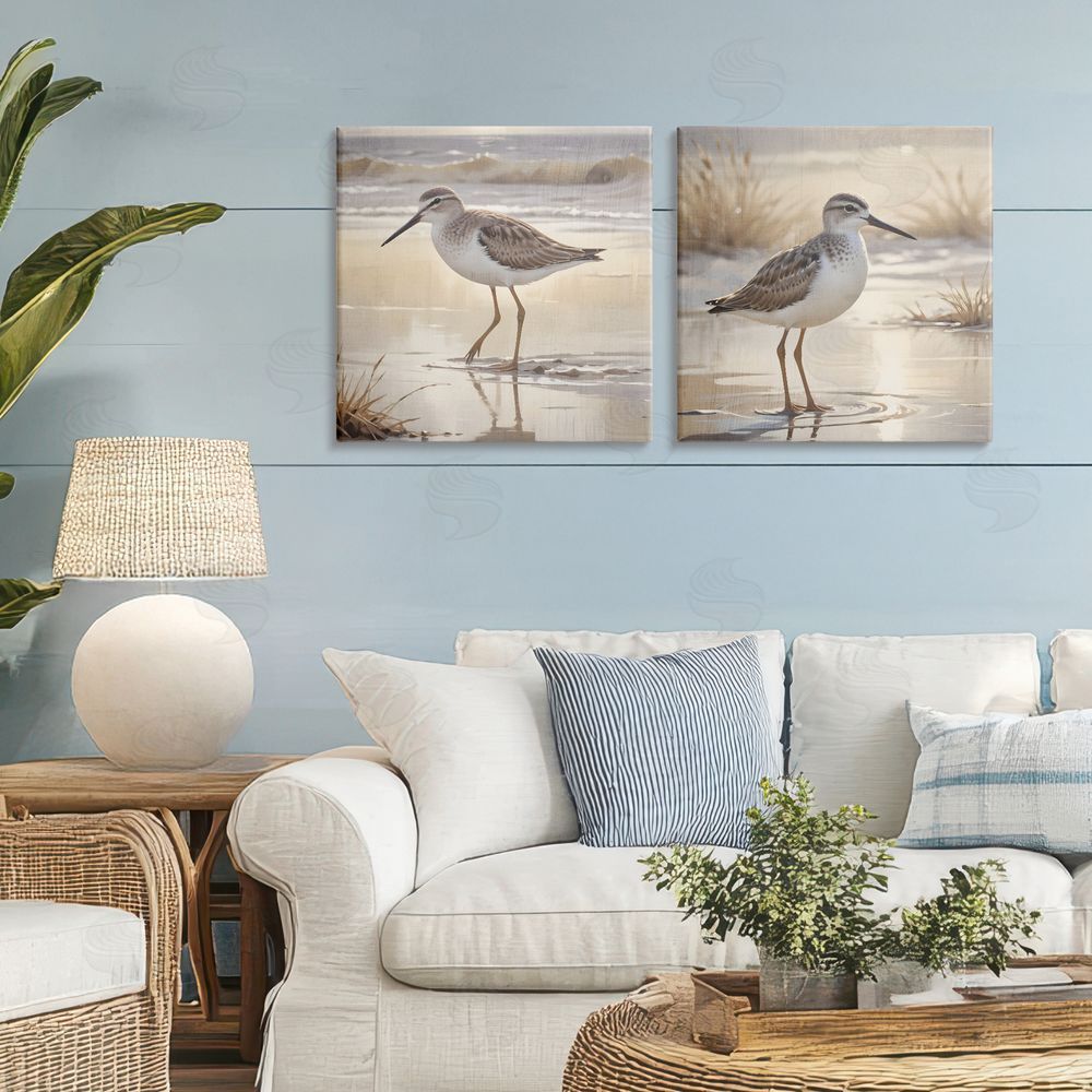 Susan Arnot Sunlit Sandpipers Wading Shore Printed Wall Art Set in Room