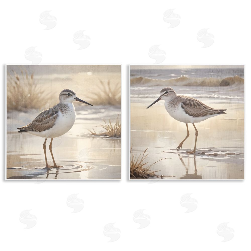 Susan Arnot Sunlit Sandpipers Wading Shore Wall Plaque Printed Art Set