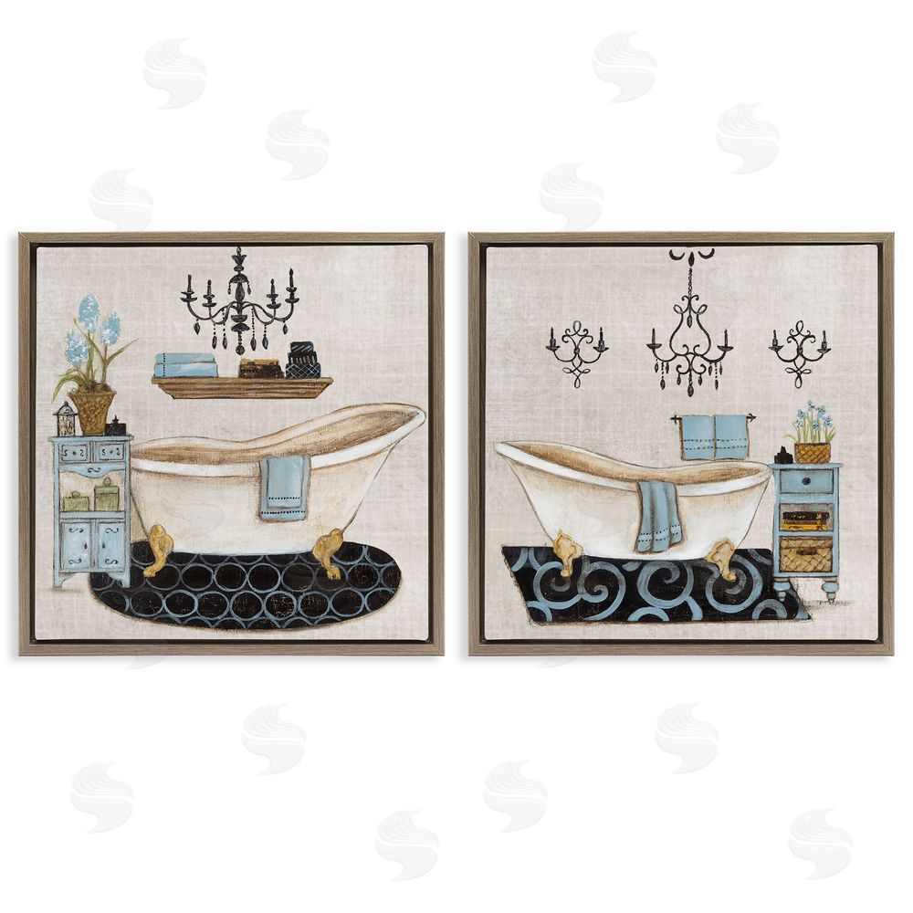 Janet Tava Blue Relaxation Bathroom Brown Floating Frame Canvas Art Set