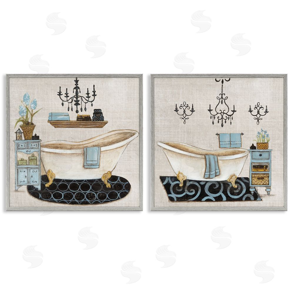 Janet Tava Blue Relaxation Bathroom Gray Framed Giclee Art Set
