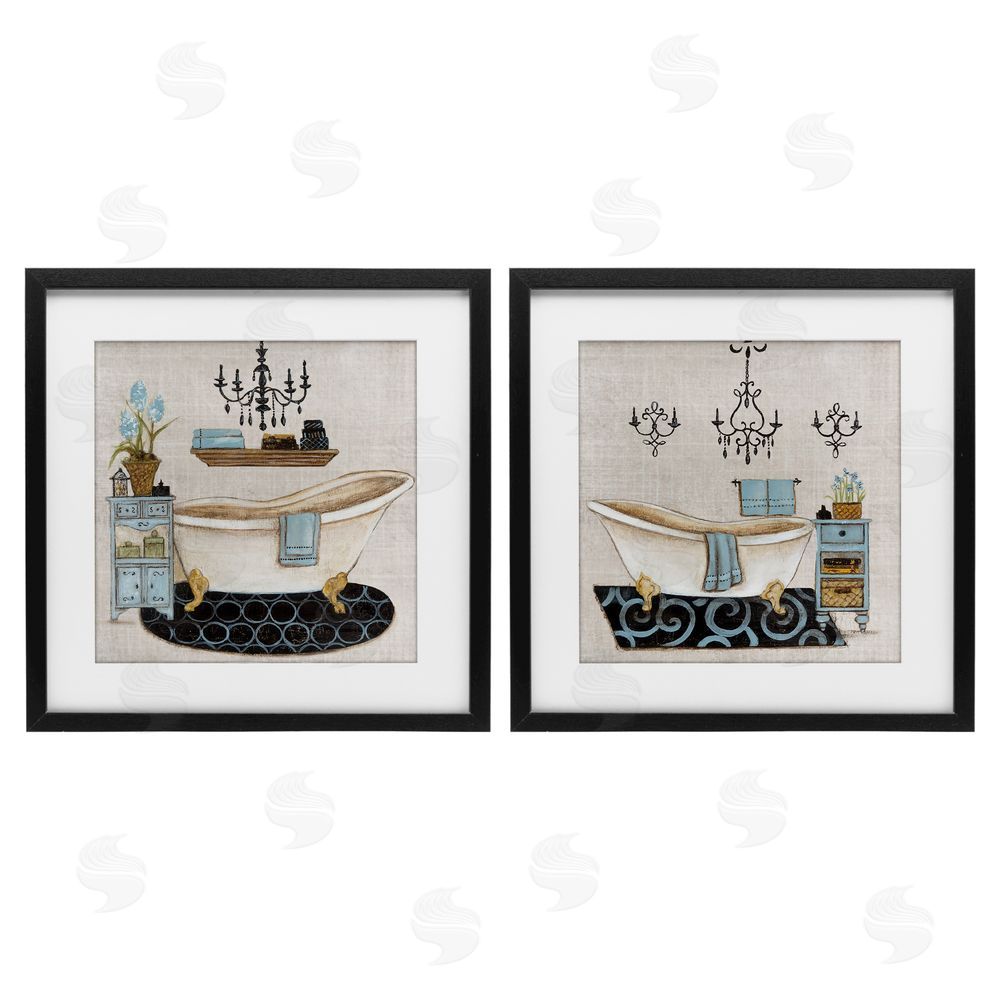 Janet Tava Blue Relaxation Bathroom Black Framed Print Under Glass Set