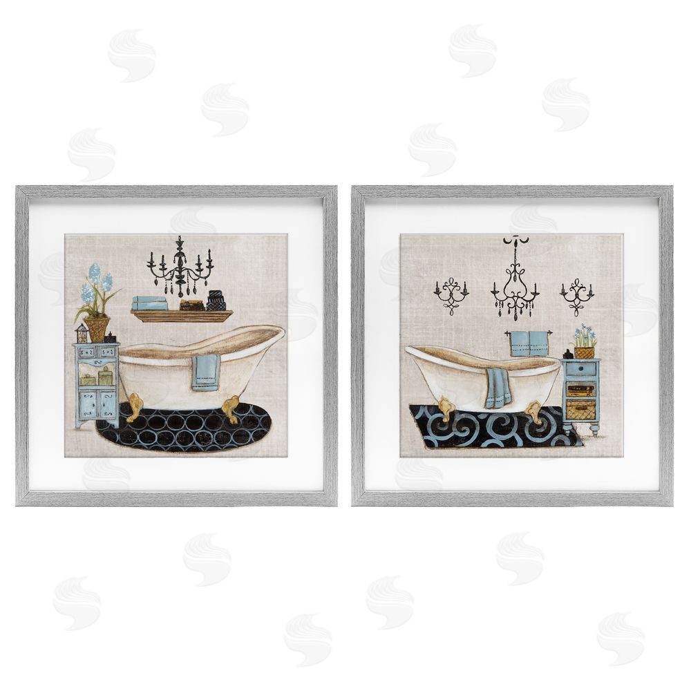 Janet Tava Blue Relaxation Bathroom Gray Framed Print Under Glass Set
