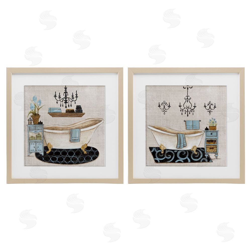 Janet Tava Blue Relaxation Bathroom Birch Framed Print Under Glass Set