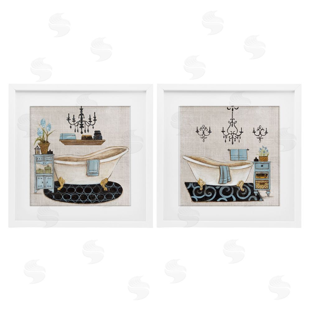 Janet Tava Blue Relaxation Bathroom White Framed Print Under Glass Set