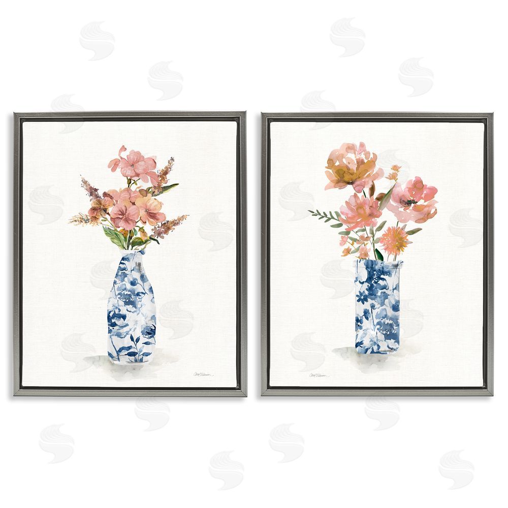 Carol Robinson Chinoiserie Florals Pink Bouquets Gray Floating Frame Canvas Art Set