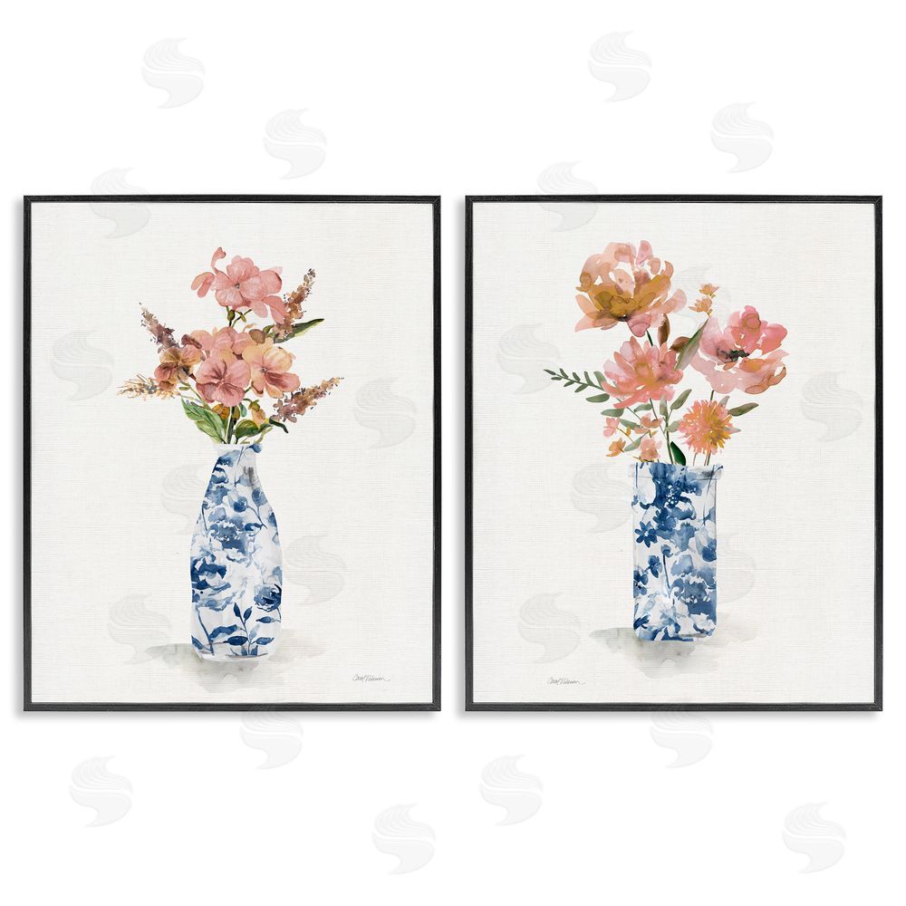 Carol Robinson Chinoiserie Florals Pink Bouquets Black Framed Giclee Art Set