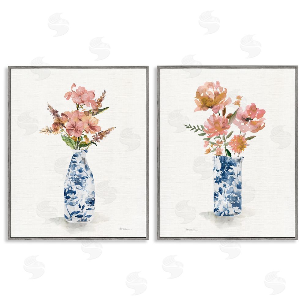 Carol Robinson Chinoiserie Florals Pink Bouquets Gray Framed Giclee Art Set